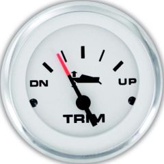 Lido Trim Gauge, Fog Res Merc, Sierra Range, Mariner, Merc, Cobra, Volvo DP, SX, Yamaha, boat dashboard, boating needs, fog-resistant, SAE J-1810, sleek design, chrome ring, black pointer, fire-orange tip, durability, scratch-resistant, curved glass lens,