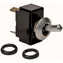 Universal Tip Lit Illuminated Toggle Switch, satin chrome finish, tip lit feature, brass blade terminals, 20 amps @ 12 VDC, Sierra Positions, 5 blade type SPDT configuration, automotive, marine, industrial use, panel lights, red illumination, white illumi