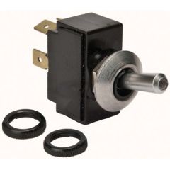 Universal Tip Lit Illuminated Toggle Switch, panel lights, satin chrome finish, non-corrosive plastic construction, tip lit feature, white illumination, red illumination, brass blade terminals, silver contacts, 15/32" L x 15/32" -32 mounting stem, 20 amps