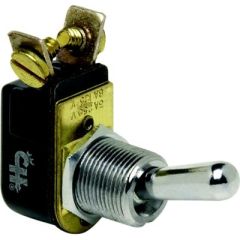 Cole Hersee 5558BP Light-Duty Toggle Switch, electrical needs, SPST configuration, 10A at 12V DC, silver contacts, corrosion resistance, nickel-plated brass, black bakelite handle, plated steel cap housing, On/Off position, screw terminals, electrical sys