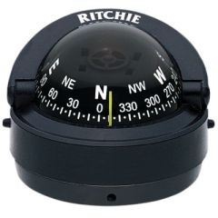 Explorer Surface Mount Compass, Black, Ritchie Navigation, marine equipment, small powerboat, accurate navigation, movable sun shield, waterway, boating adventures, 5-year warranty, sleek Black color, light green accents, vessel, enhance boating experienc