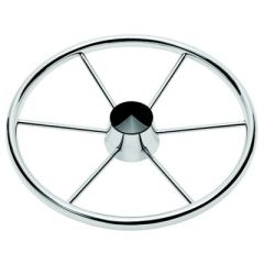 Schmitt 6 Spoke Stainless Destroyer Wheel, 15-1/2", boat steering wheel, marine steering wheel, polished stainless steel, 6 spoke design, black center cap, 3/4" tapered shaft, 22° dish, Schmitt manufacturer, boat helm upgrade, boating accessory.