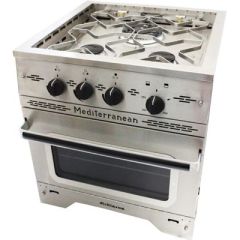 Dickinson Mediterranean Three Burner Propane Gas Stove, stainless steel construction, powerful burners, electronic ignition, thermostatically controlled oven, removable cutting board, marine appliances, outdoor cooking, culinary adventures.