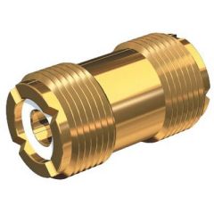 Shakespeare PL258G Barrel Connector, PL-259-ended cables, gold plated brass, durable, conductivity, telecommunications, hobbyist, versatile, compatibility, sleek design, elegance, high-performance.
