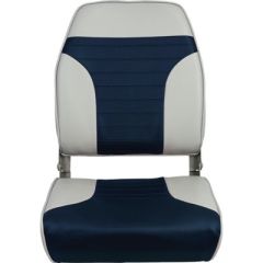 springfield economy folding high back seat, gray & blue, boating adventures, comfort, support, cushioned seat, durable upholstery, convenience, storage, transportation, marine environments, aluminum powder coated hinges, style, fishing, cruising, serenity