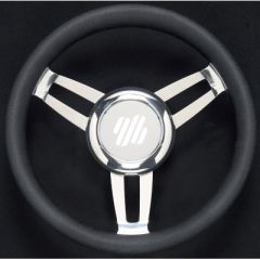 Foscari Steering Wheels, Black Vinyl Chrome, hydraulically steered boat, stainless steel spokes, polyurethane leather look grip, 13.8" diameter, 3/4" tapered shaft, Uflex, marine accessories, ergonomic design, sailing experience