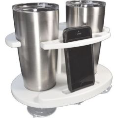 TACO Metals P01-2020W, Poly Double Tumbler Holder, marine adventures, UV-stabilized, high density Polymer, suction cups, 16-30 oz. tumblers, dual drain holes, mobile device cutout, charging cable port, USA made, three year limited warranty, white color, b