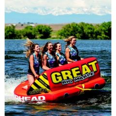 Airhead 532218 Great Big Mable Towable Tube, 1-4 Riders, summer adventures, thrill-seeking, towable tube, riding options, backrest, chariot-style, EVA foam seating pads, webbing foam handles, knuckle guards, air cushioned side walls, custom graphics, Spee