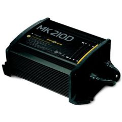 Battery Charger, MK210D 2-Bank 5A, marine charging, microprocessor-based design, multi-stage charging, on-board chargers, aluminum construction, saltwater applications, safety features, 12V/6 cell batteries, FCC compliant, UL listed, Minn Kota, compact si