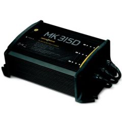 Battery Charger, MK315D 3-Bank 5A, marine charging, microprocessor-based design, multi-stage charging, waterproof construction, corrosion-resistant, safety features, 12V/6 cell batteries, FCC compliant, UL listed, Minn Kota, 15 amps, compact size.