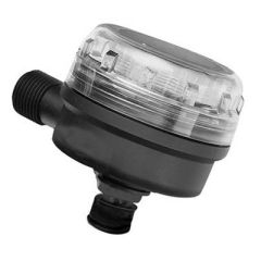 Flojet 01740014 90 Degree Strainer, stainless steel filter, transparent housing, screw-off top design, 90º inlet, direct plug, 3/4" hose size, water system protection, debris removal, uninterrupted water flow