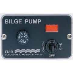 Rule 3-Way Bilge Panel Lighted Switch, control solution, automatic switch, black stainless steel panel, bilge pump, red indicator light, fuse holder, marine products, Rule brand, boat interior, pump status, voltage compatibility, boating adventures