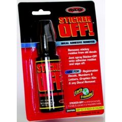 Sticker Off™ 965 Decal Adhesive Remover, ultimate solution  
old decal adhesive, stubborn sticky residue  
power of Sticker Off!, eliminates adhesive residue  
trusted experts, Hardline Products  
convenient size, 2 fl. oz.  
unsightly adhesive resid
