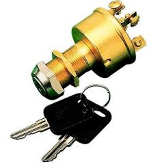 3 Position Magneto Style Ignition/Starter Switch, high-quality switch, durable stamped brass, three-position functionality, 13/16" diameter long shaft, five screw terminal electrical connection, 15A @ 12VDC, 30A @ 12VDC, two keys, Sea-dog line, profession