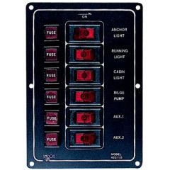 6 Switch Illuminated Switch Panel, Vertical, Aluminum, Power Control, Boat, RV, Electrical Systems, Anodized Aluminum, SPST On/Off Rocker Switches, Fuse Holders, Decals, Customizable, Installation, Compact Size