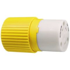 Hubbell HBL305CRC Yellow 30A 125V Connector Body, electrical connection, nylon body, secure connection, nickel-plated contacts, durable, triple grip cord clamp, stable power flow, wire terminations, wire pockets, 30A, 125V, construction site, outdoor even