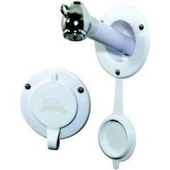 Scandvik 10750 Recessed Transom Shower, Vertical Installation, White Nylon Hose, Durable Design, Chrome Brass Head, Easy Control, Mounting Hole, Plumbing Compatibility, Classic White Color, Adapter Inclusion, Versatile Hose Kit, Luxury Showering