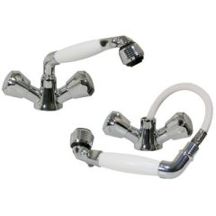 Scandvik 46011 Standard Combination Pull-Out Faucets, White Handle, 5' White Nylon Hose, Water Conservation Valve, Chrome Plated Brass, Sprayer Handle, Flexible Supply Lines, 1-1/2" Mounting Hole, Eco-Friendly, Durable, Modern Design, Easy Installation, T