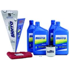 Sierra 9394 Oil Change Kit, Yamaha engine maintenance, 20W-40 FC-W Premium Blend, disposable funnel, maintenance sticker, shop towel, drain gasket, high-quality oil, oil filter, spare funnel, operational hours, marine engine parts, Yamaha F75-F115 engines