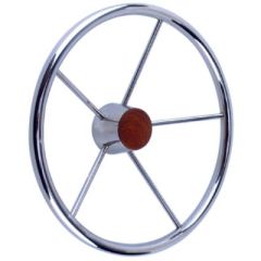 Seachoice 5 Spoke, Stainless Steel Destroyer Steering Wheel, Genuine Teak Cap, Boat Steering, Teak Cap, Marine Steering