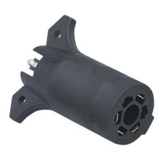 7-Way RV Style to 4-Flat Adapter, durable molded plastic, corrosion resistance, flat blade brass terminals, flat pin-style tin plated terminals, efficient power transfer, compact design, 12V voltage rating, versatile compatibility, reliable power transfer
