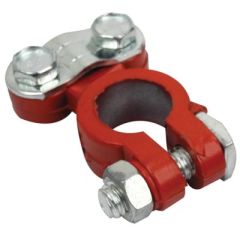 clamp style coated battery terminal, red, repair, battery cable, epoxy coating, polarity identification, corrosion resistance, positive stud, negative stud, standard battery posts, American Wire Gauge, AWG 6 to 1 gauge wire, durability, vibrant red color,