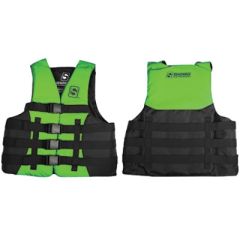 Seachoice 85147 Evoprene Multi-Sport Vest, Green/Black, XL, water enthusiasts, comfort, durability, style, safety, unrestricted movement, drain panels, adjustable fit, PVC foam flotation, Level 70 safety rating, Body Glove Vests, vibrant color, chest size