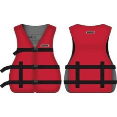 Seachoice 85463 General Purpose Vest, Red XL, flotation support, safety standards, EPE foam, polyester shell, nylon webbing straps, buckle closure, Body Glove Vests, chest size, visibility, water environment, peace of mind.