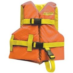 Seachoice 86150 Deluxe General Purpose Life Vest, Child, Orange/Yellow, Level 70 Flotation, Adjustable Belts, Lightweight, Durable, 200 Denier Oxford Fabric, 1" Nylon Closure, Chest Strap, Leg Strap, USA Made, Visibility, Safety, Water Activities
