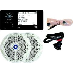 JBL JBLMPK3500 Stereo Package, JBLR3500 KIT, crystal-clear sound, Bluetooth® 5.0 technology, USB 2.0 input, AUX input, independent source gain adjustments, IPX7 rated, 200-watt speakers, Seaworthy, marine audio.