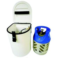 Trident 16011720 Roto Molded LPG Cylinder Locker, Single 20#, propane cylinder, UV protected molded polymer, stainless steel hardware, durable latching system, foam seal, regulator assembly, leak test gauge, QCC pigtail, brass solenoid valve, Trident basi
