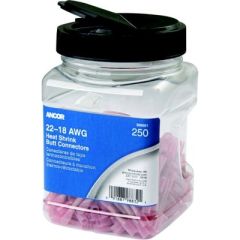 Ancor 309001 Marine Grade™ Heat Shrink Butt Connectors, Tinned Copper, Corrosion Resistance, Adhesive Lined Heat Shrink Tubing, Vibration Relief, Strain Relief, 250 Piece Clear Jar, Red Color, Electrical System, Marine Environment, Safety, Performance.
