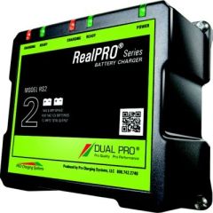 Dual Pro RS2 RealPro Series Battery Charger, 12 Amp 2 Bank, Wet Cell, AGM, 12V, 24V, vehicle, marine, waterproof, automatic operation, battery maintenance, two-year warranty, safety, CE approved, ISO 8846 Marine standards, LED state of charge lights, reve