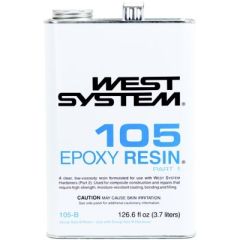 West System C105E Resin, bonding solution  
wood fiber, fiberglass, metals, self-leveling properties, roller applications, temperature range, sanded, shaped, high flash point, adhesive, filler, viscosity, 1000 CP, 70°F, 300 Mini Pump, West Systems, 197 L