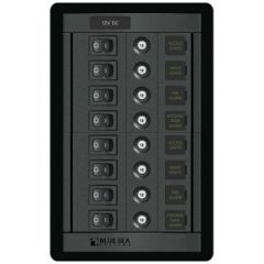 Blue Sea Systems 1457 8 Position Switch CLB Vertical Panel, circuit protection, switching capabilities, ON-indicating LEDs, toggle switch, battery banks, square format label set, electrical panels, reliable performance, unbeatable value, electrical setup,