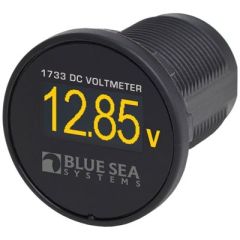 Blue Sea Systems 1733 Mini OLED DC Voltmeter, waterproof OLED screen, reverse polarity protection, installation convenience, wide voltage range, Blue Sea Systems quality