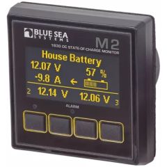 Blue Sea M2 OLED Digital Meter, DC Monitor, power consumption, state-of-charge, OLED display, alarm, MOSFET relay, power systems, power supply voltage, power consumption range, Blue Sea Systems, battery lifespan, power monitoring, advanced meter.