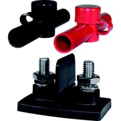 Powerpost Dual 5/15 X 3/8 Stud, Zinc Plated Steel Loom Clamp, Blue Sea Systems, electrical project, marine project, automotive wiring, high amperage cables, insulator caps, voltage rating, secure connection, durable construction, innovative design, reliab