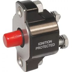 Blue Sea Systems 2141 Medium Duty Push Button Reset Only Circuit Breaker, 40A, weatherproof design, Trip Free feature, 32V DC/120V AC voltage rating, boat RV vehicle applications, Blue Sea Systems quality