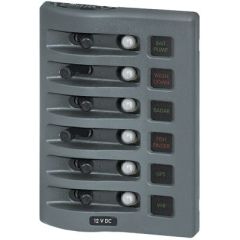 Weatherdeck Breaker Panel, 12VAC 6 Pos Gray, Blue Sea Systems, marine adventure, marine electrical, durability, functionality, convenience, boat, yacht, corrosion-resistant, waterproof boots, BSS digital dimmers, toggle switches, thermal circuit breakers,