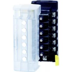Blue Sea St Clb Push Button Circuit Breaker Block, marine enthusiast, circuit protection, innovative design, quick connect clips, tin-plated copper busses, screw terminals, clear insulating cover, wire access, ring terminals, push button waterproof boots,