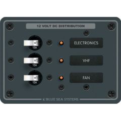 Blue Sea Systems 8025 Traditional Metal DC Circuit Breaker Panel, 3 Positions, trailer, boat, electrical system, durability, backlit label, installation, 12 Volt, 24 Volt, versatility, limited quantity, upgrade.