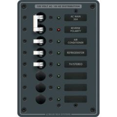 Blue Sea Systems 8027 Traditional Metal Circuit Breaker Panel, AC Main + 6 Positions, electrical connections, Red reverse polarity, LED safety feature, 30 common AC labels, backlit label positions, A-series branch circuit breakers, double-pole 30A AC main