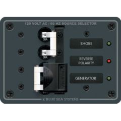 Blue Sea Systems Traditional Metal Circuit Breaker Panel, AC Toggle Source Selector, marine electrical systems, power source selection, AC branch distribution, electrical safety, reverse polarity indicator, pre-wired installation, circuit label visibility