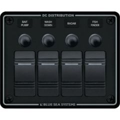 Blue Sea Systems Contura Circuit Breaker Panel, marine electrical, waterproof, push button breakers, 12V DC, IP66 rating, pre-wired, waterproof mounting gasket, 60 common DC labels, sleek design, horizontal layout, Blue Sea Systems, durability, reliabilit