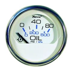 Faria Chesapeake, SS White Oil Pressure Gauge, 80 PSI, polished stainless steel bezel, domed glass lens, 2" size, engine's vital signs, vehicle enthusiast, dashboard upgrade, durability, accuracy.