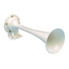 Marinco Single Trumpet Mini Air Horn, vehicle accessory, powerful horn, sleek design, top-notch construction, corrosion-resistant brass, chrome plating, white epoxy coating, long-lasting durability, high-quality compressor, easy installation, Afi/marinco/