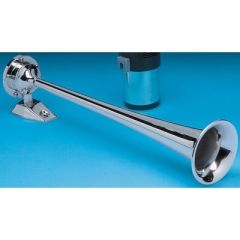 Marine Single Trumpet Air Horn, 12V, chrome plated, powerful compressor, durable, high-quality, sleek design, boat accessory, marine vessel, loud sound, corrosion resistant, brass construction, Afi/marinco/guest/nicro/bep, elegant finish, safety feature, 