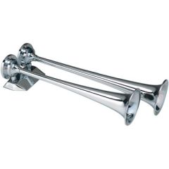 Marinco Dual Trumpet Air Horn, vehicle presence, bold statement, powerful blast, installation convenience, reliable 12 volt system, chrome plated finish, durable resistance, quality innovation, consistent sound, safety style, lasting impression.