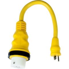 Marinco Standard Pigtail Adapter, Dock Side Male 15A 125V Straight Blade, Female 50A 125/250V Locking With Sealing Collar System, Power Indicator Light, Watertight Seal, Contoured Grip, Vibrant Yellow Color, Afi/marinco/guest/nicro/bep Brand, Reliable Con